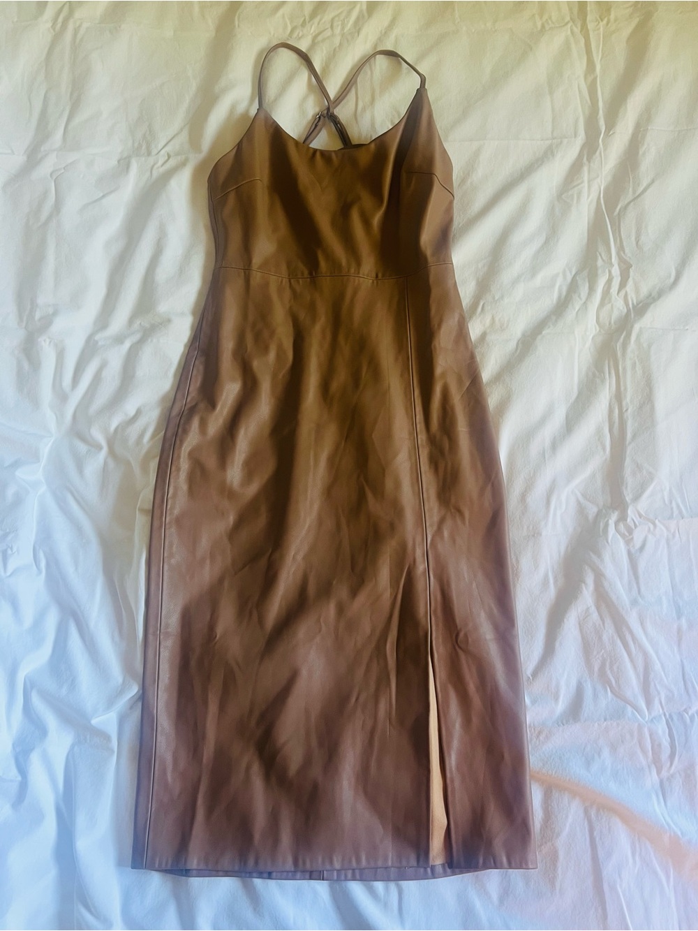 Fate Strappy Faux Leather Midi Dress in Brown